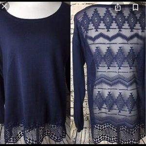 Joie Lace Silk Sheer Back Cotton Top Size S Navy